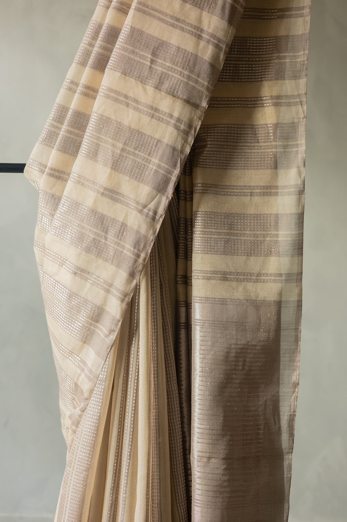 Beige Silk Cotton Tissue with Silver Khapa Stripes Saree