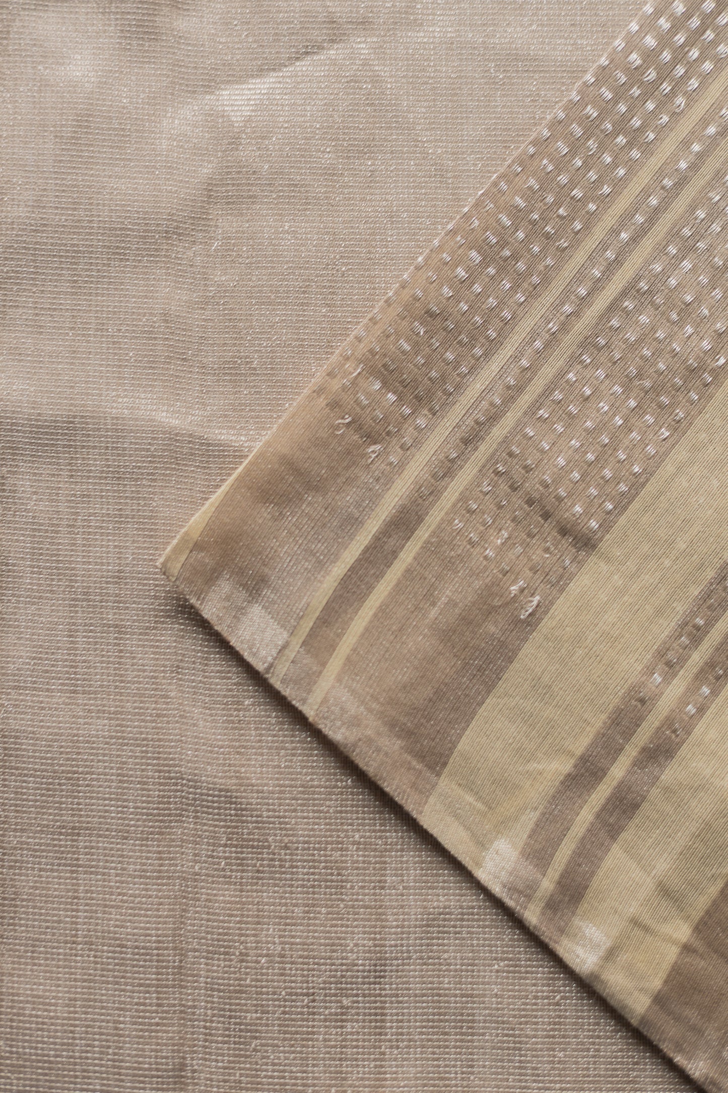 Beige Silk Cotton Tissue with Silver Khapa Stripes Saree