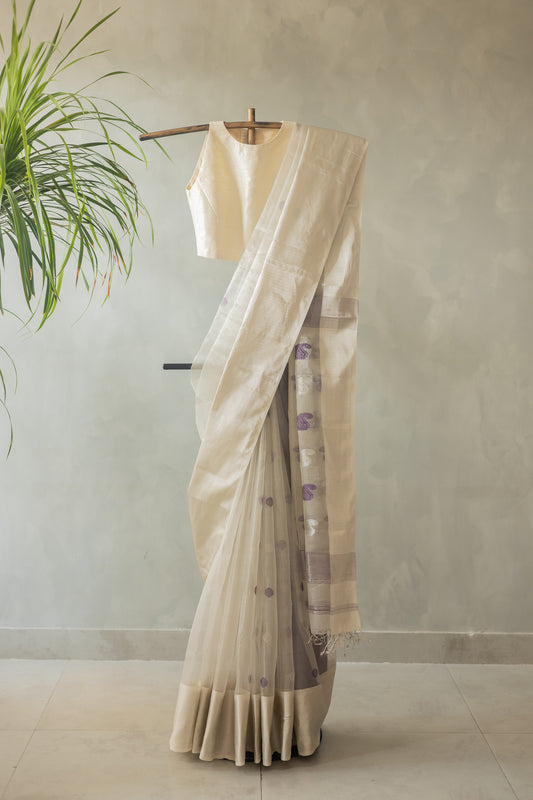 White Tissue by Silk with Manga Motifs Pallu Saree