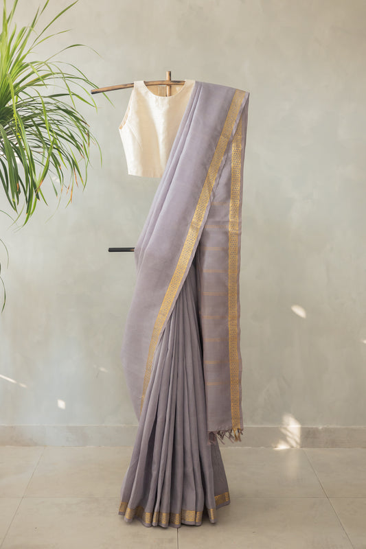 Grey South Indian Silk Cotton with Striped Pallu Saree