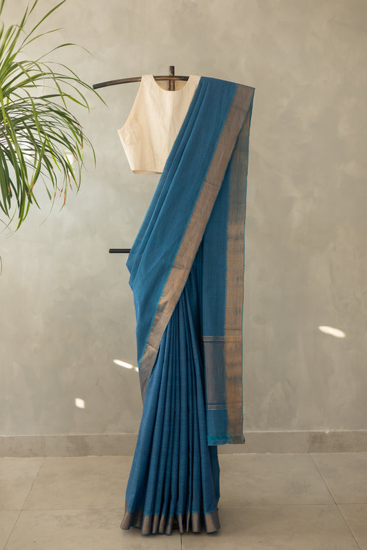 Mid Blue Mangalagiri Cotton with Thin Striped Pallu Saree