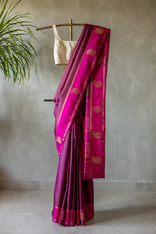 Purple All Over Small Checks with Pink Manga Motif Border Kanjivaram Silk Saree