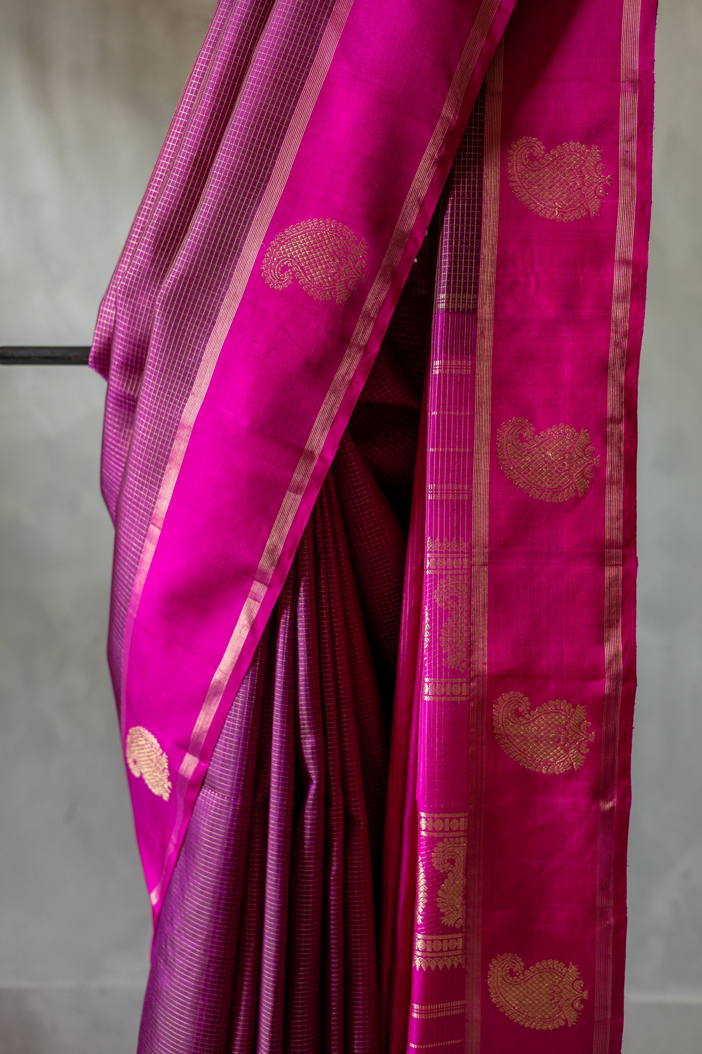 Purple All Over Small Checks with Pink Manga Motif Border Kanjivaram Silk Saree