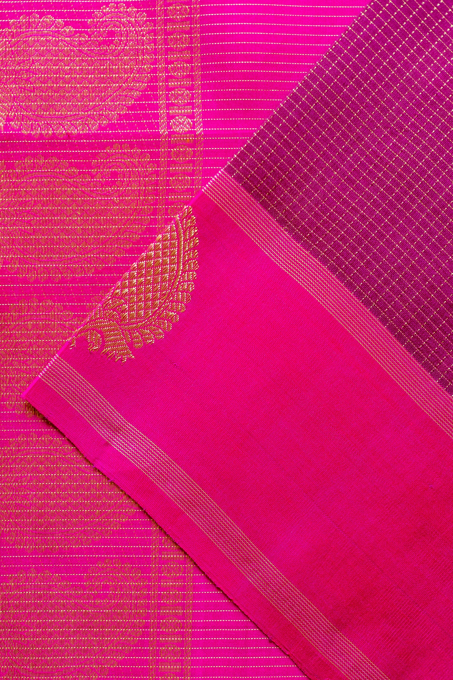 Purple All Over Small Checks with Pink Manga Motif Border Kanjivaram Silk Saree