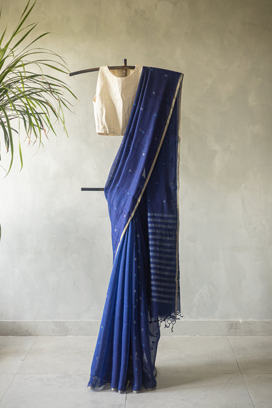 Blue Chanderi Silk Cotton with Small Round Woven Motif with Green Blouse Saree