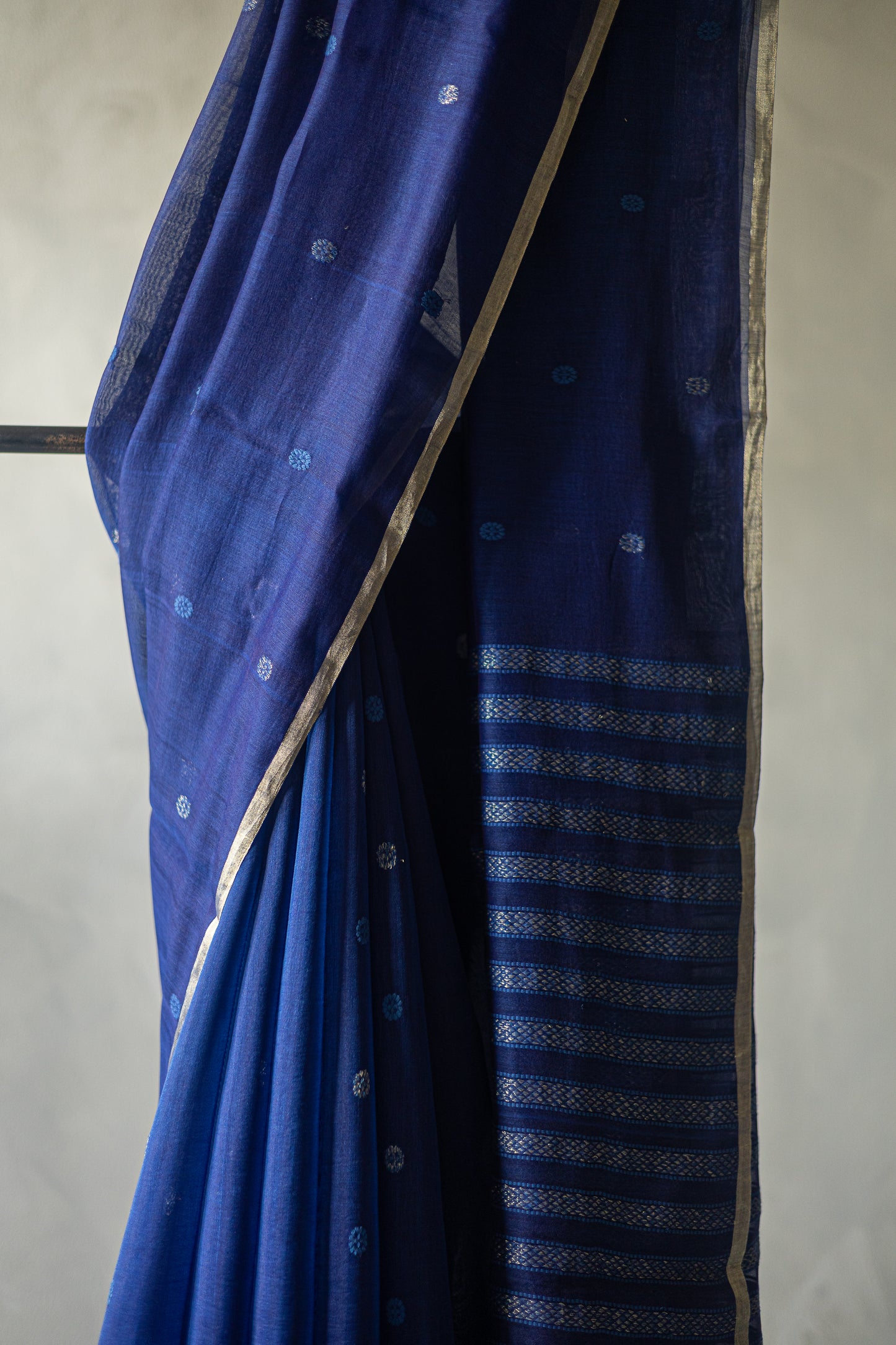 Blue Chanderi Silk Cotton with Small Round Woven Motif with Green Blouse Saree