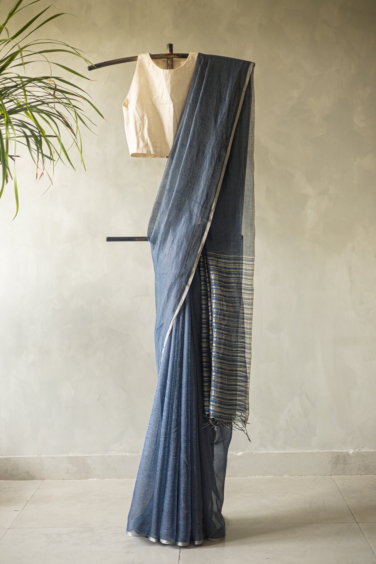 Blue Silk Cotton All Over Stripes and Checks Saree