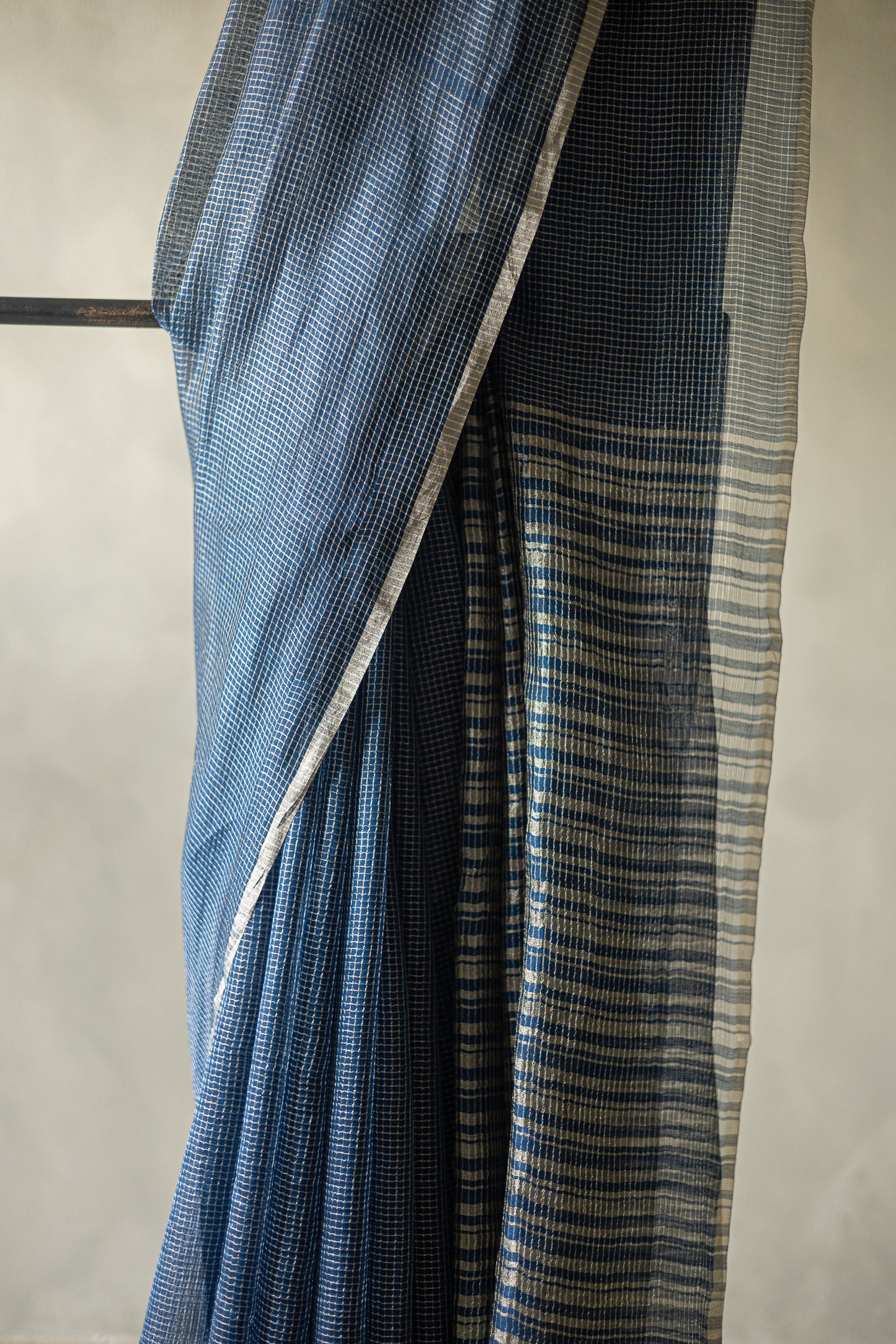 Blue Silk Cotton All Over Stripes and Checks Saree