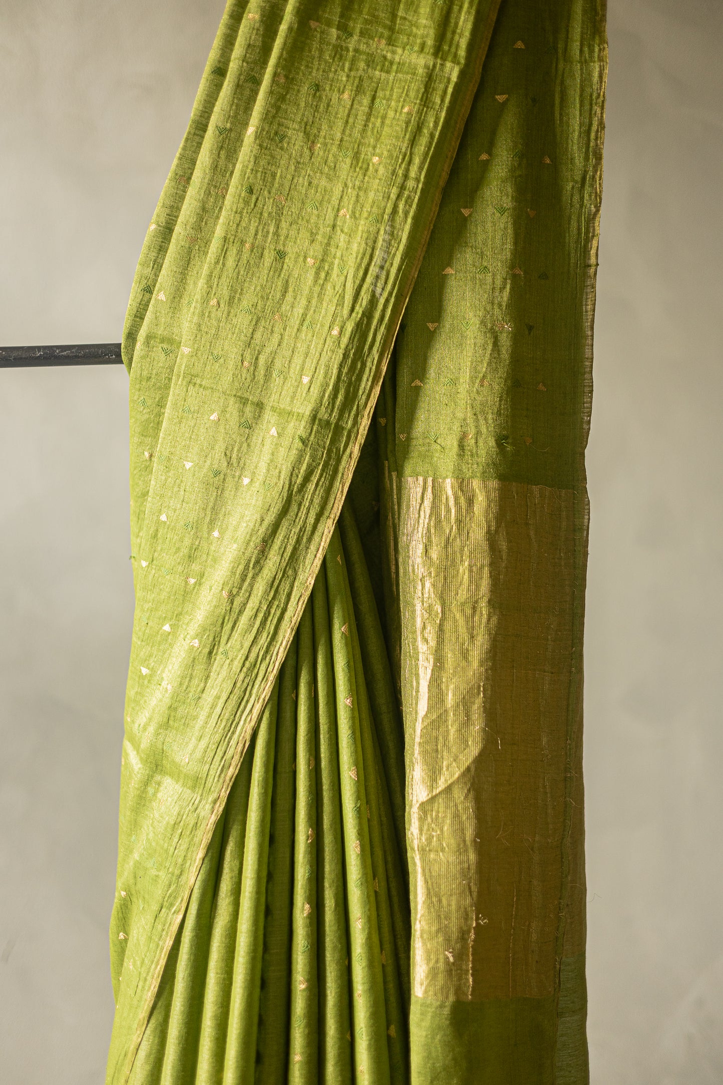Parrot Green Tussar with Green and Gold Triangle Woven Motif Saree