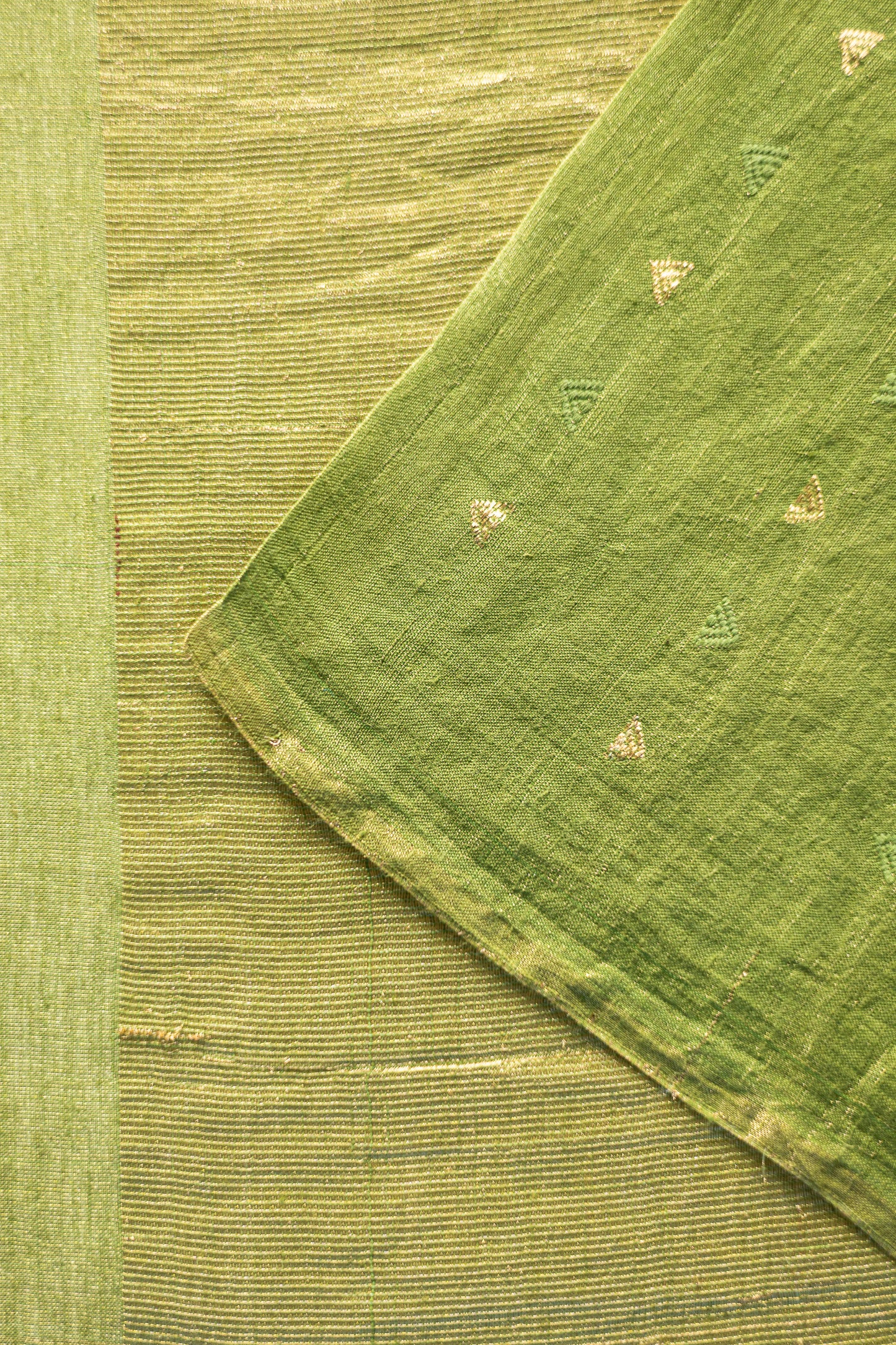 Parrot Green Tussar with Green and Gold Triangle Woven Motif Saree