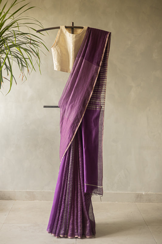 Purple Silk Cotton All Over Stripes Saree