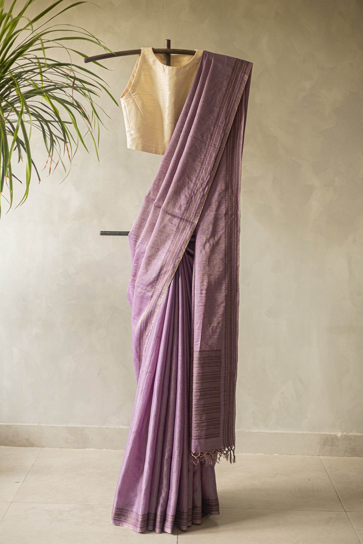 Lavender Tussar Muga Plain Body with Woven Border and Pallu Saree