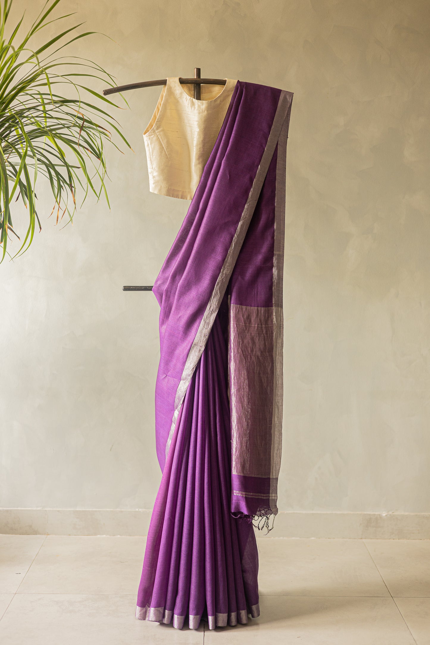 Purple Tissue Silk with All Over Stripes and Silver Pallu Saree