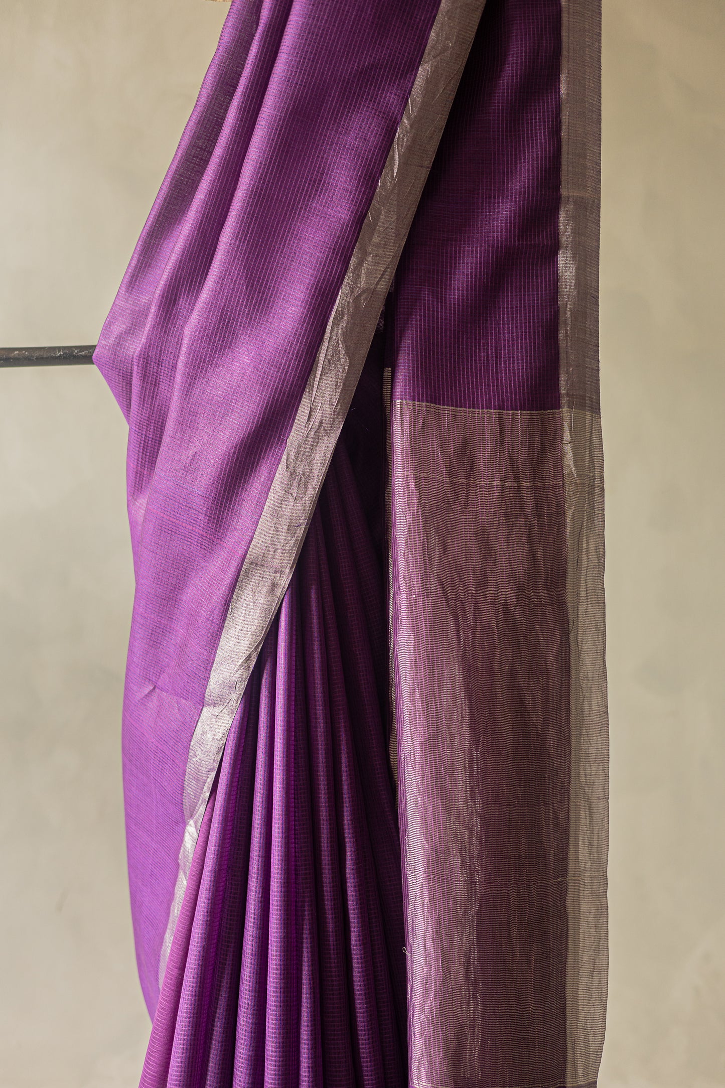 Purple Tissue Silk with All Over Stripes and Silver Pallu Saree