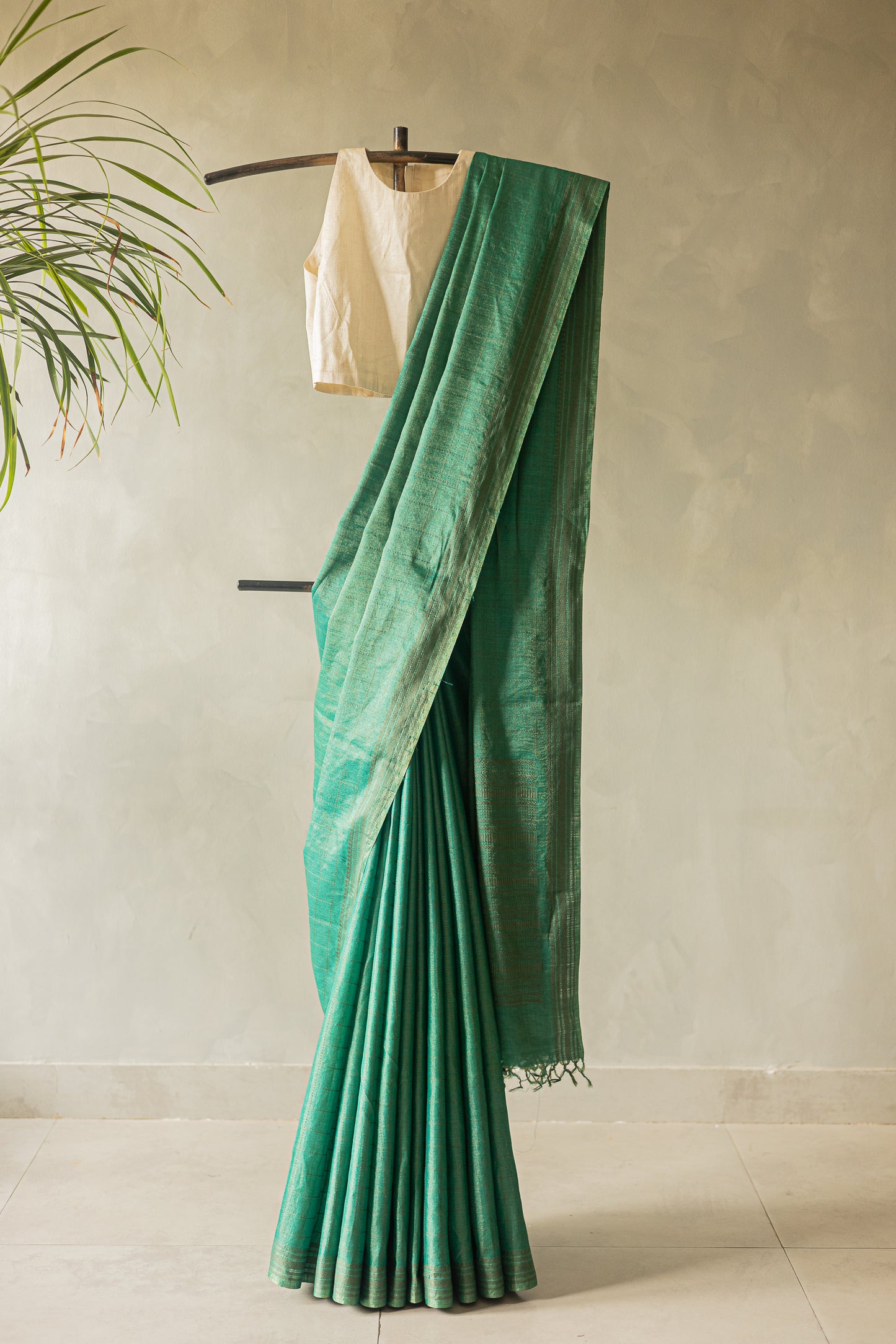Jade Green and Gold Tussar Muga with Brown Checks Woven Saree