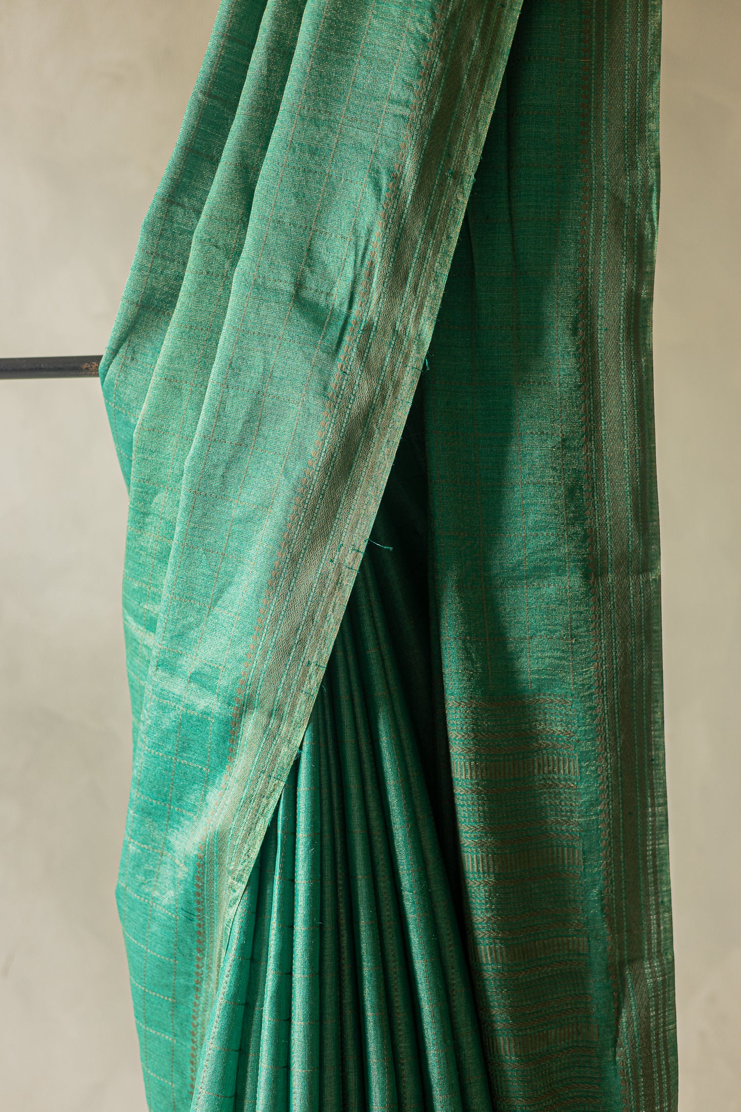 Jade Green and Gold Tussar Muga with Brown Checks Woven Saree