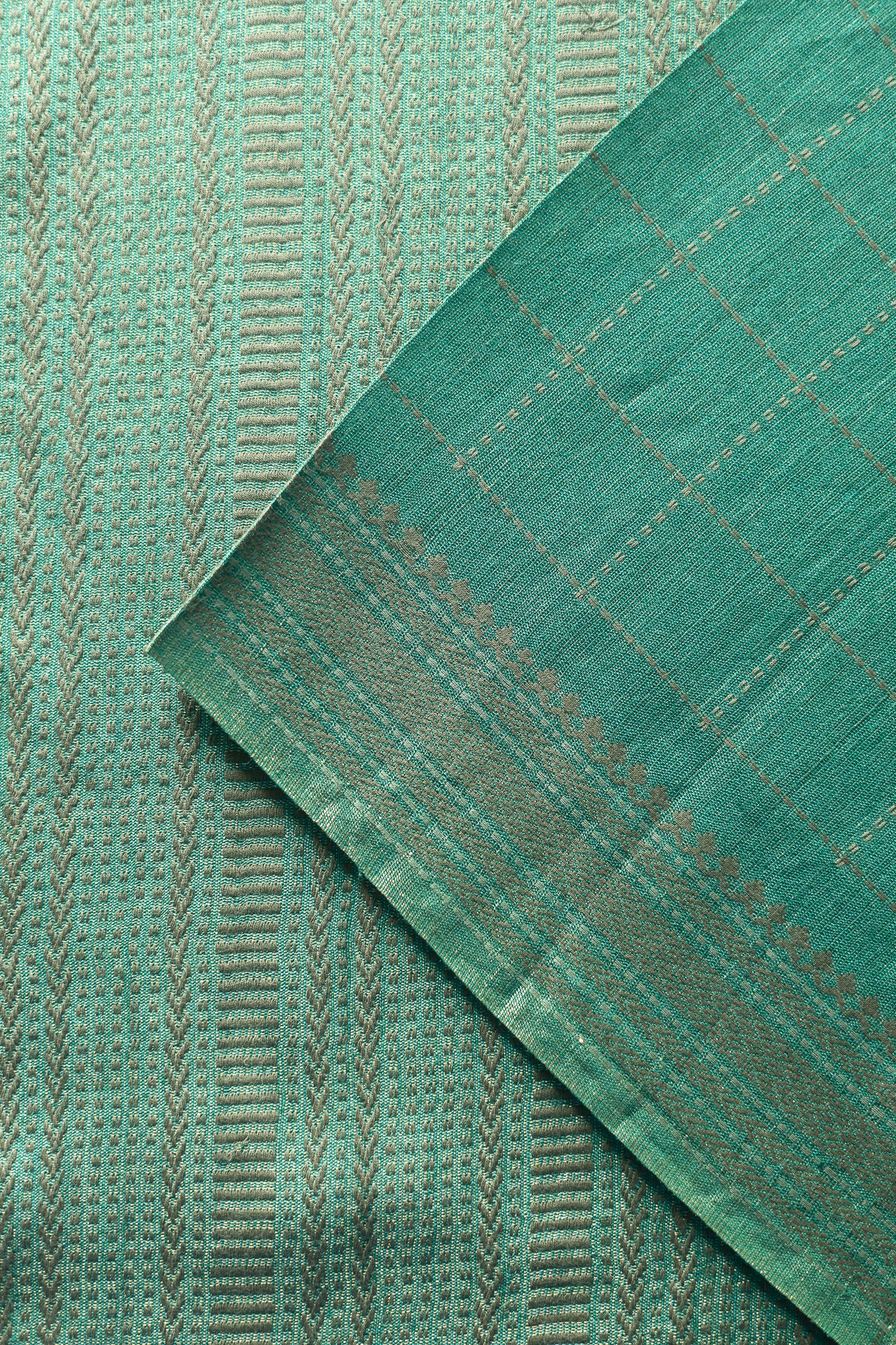 Jade Green and Gold Tussar Muga with Brown Checks Woven Saree