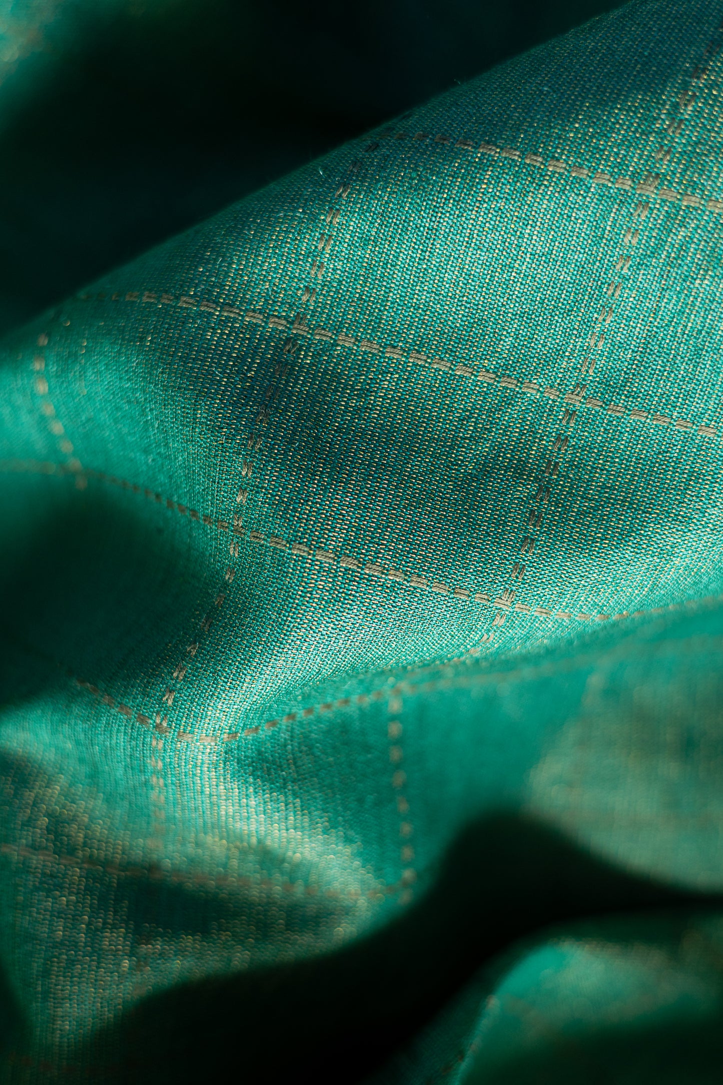 Jade Green and Gold Tussar Muga with Brown Checks Woven Saree