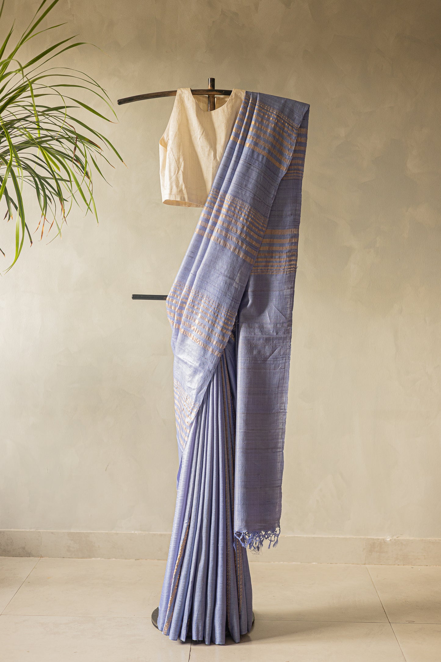 Lavender Tussar Silk with Striped and Plain Pallu Saree