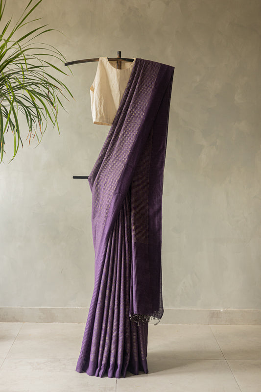 Purple Silk Cotton Handspun All Over Small Gold Checks Saree