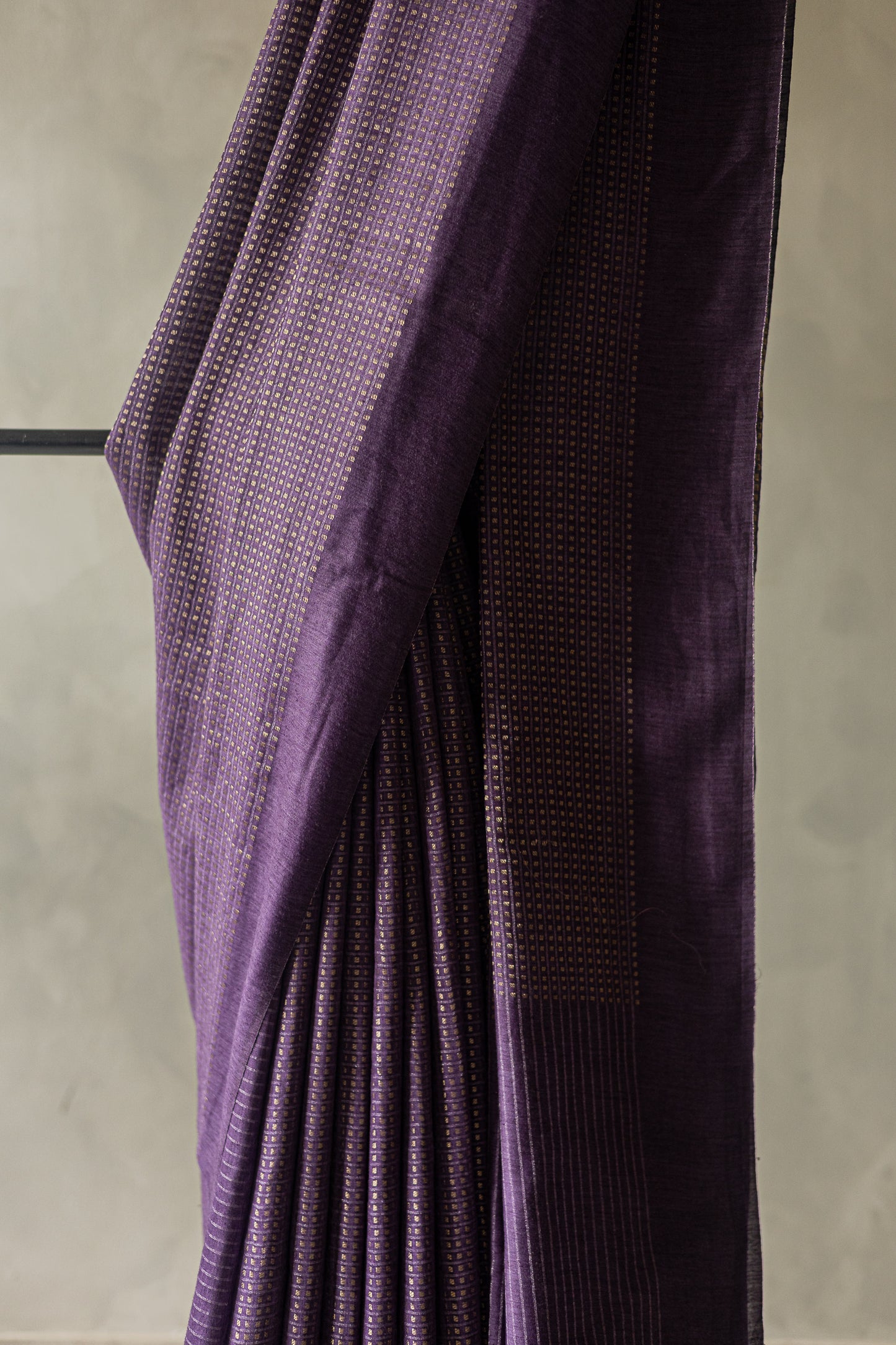 Purple Silk Cotton Handspun All Over Small Gold Checks Saree