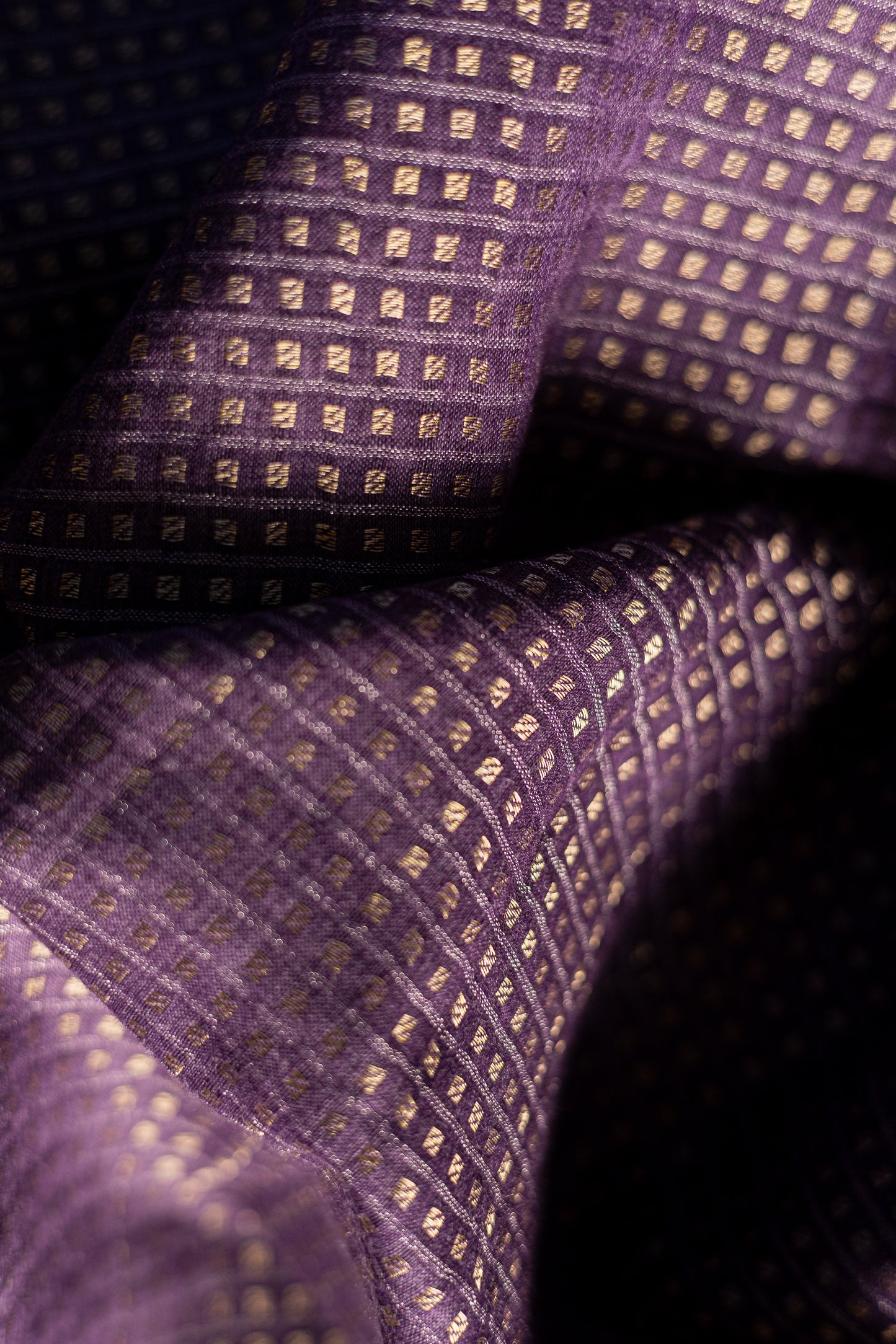 Purple Silk Cotton Handspun All Over Small Gold Checks Saree