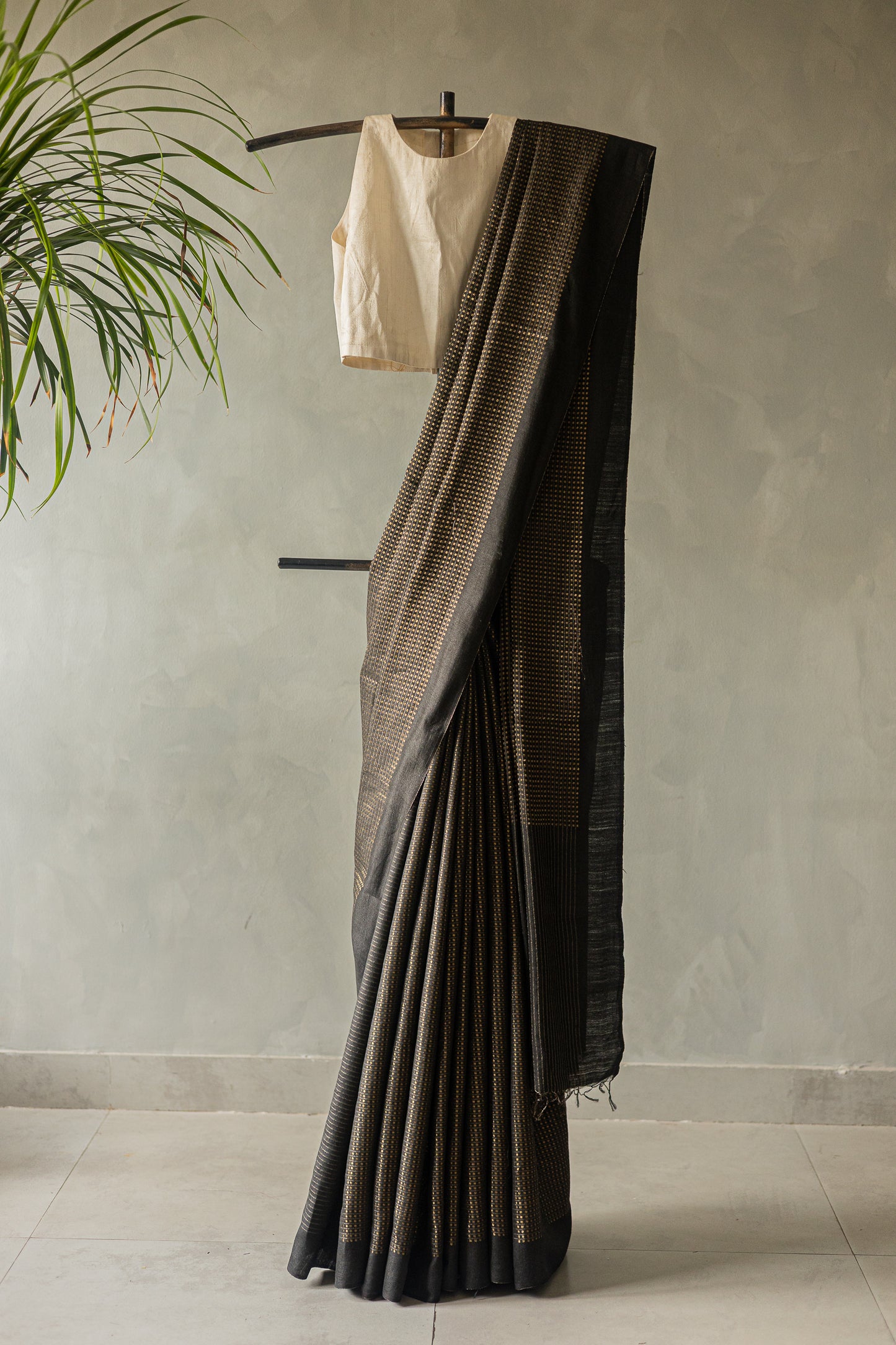 Black Silk Cotton Handspun All Over Small Gold Checks Saree