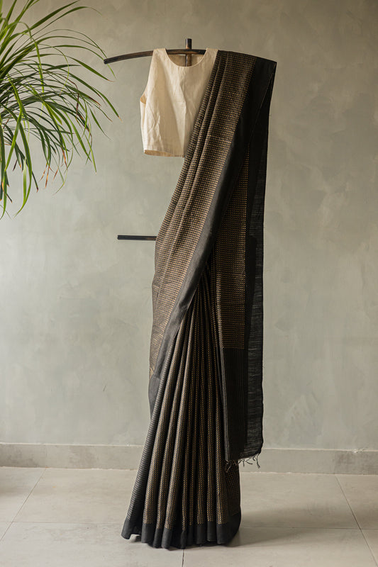 Black Silk Cotton Handspun All Over Small Gold Checks Saree