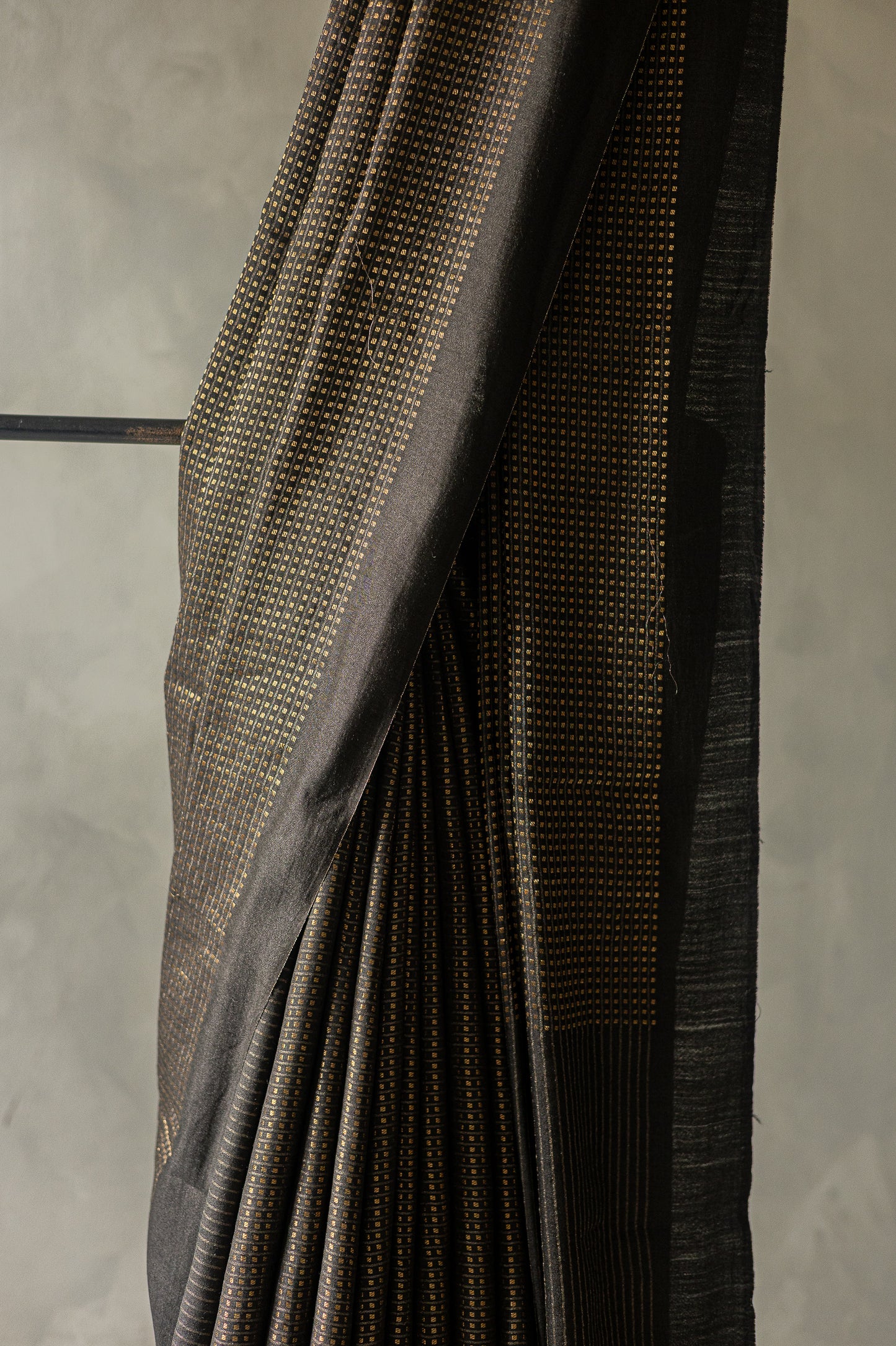 Black Silk Cotton Handspun All Over Small Gold Checks Saree