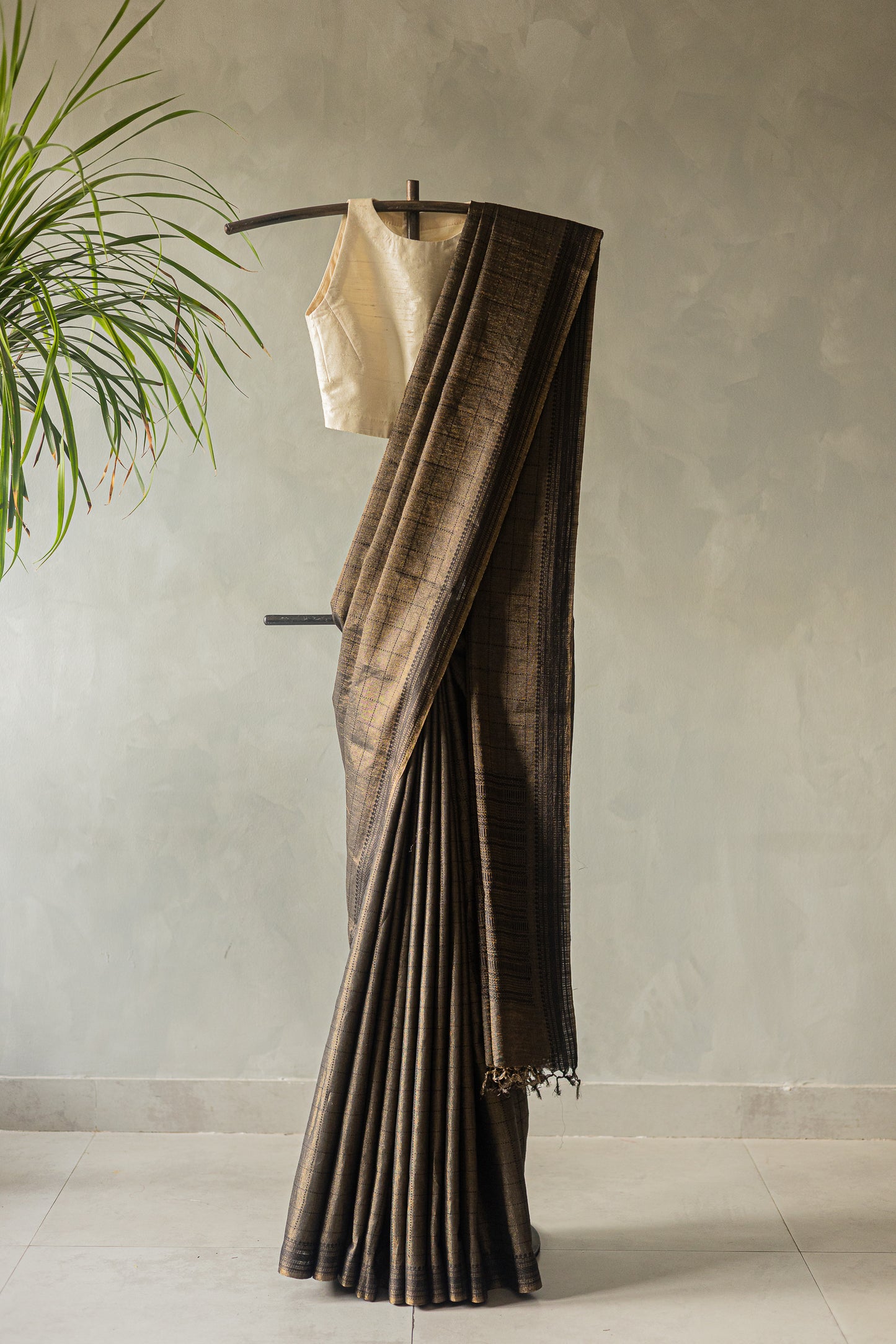 Black and Gold Tussar Muga with Black Checks Woven Saree