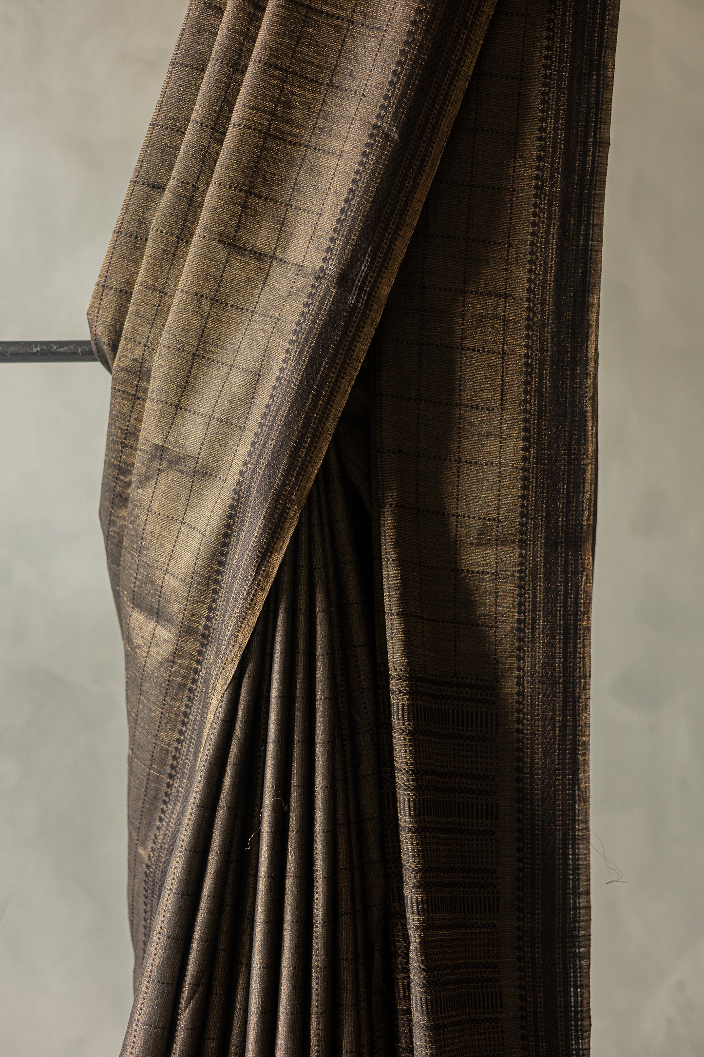 Black and Gold Tussar Muga with Black Checks Woven Saree