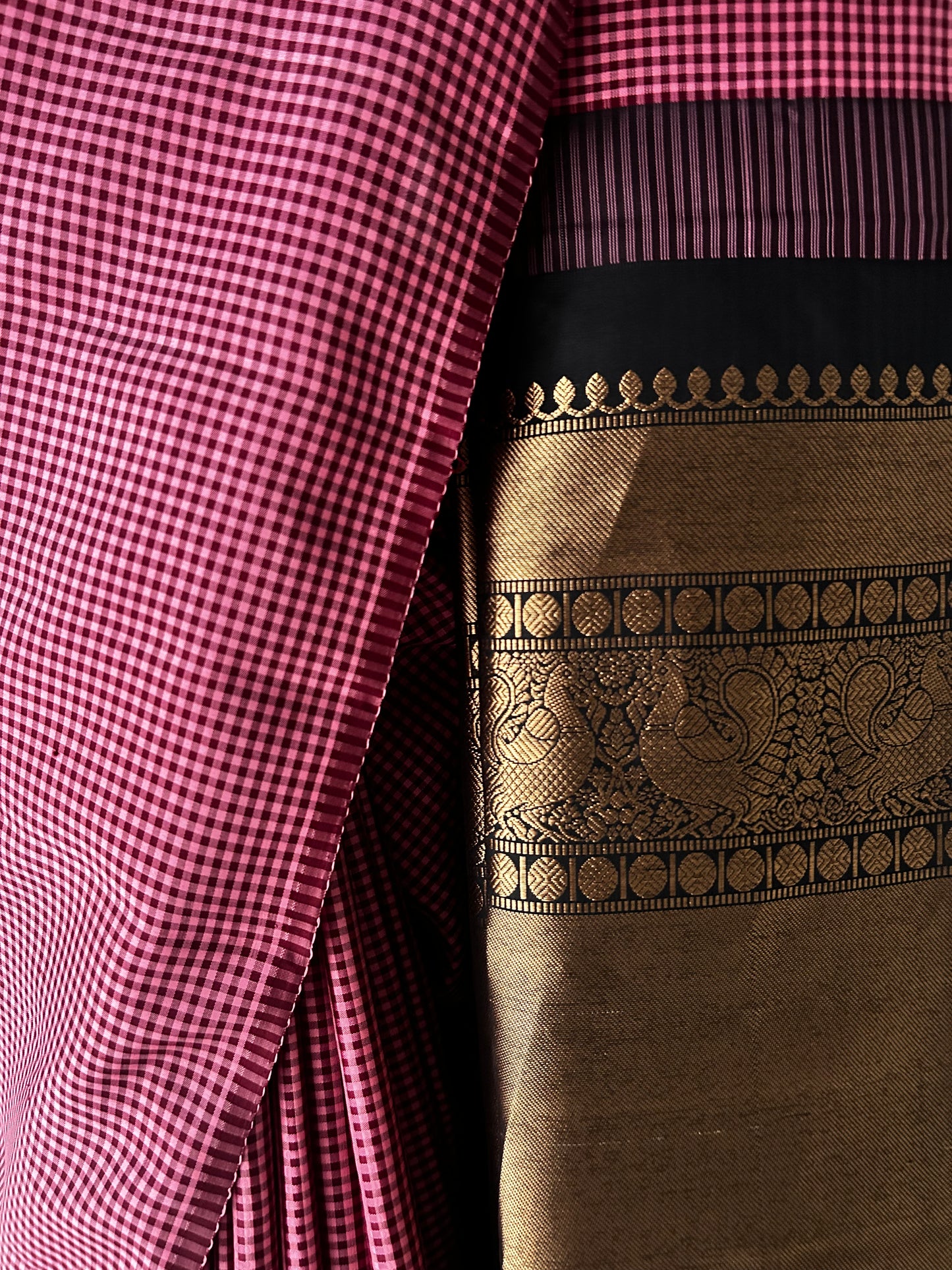 Pink and Red Micro Checks with Black and Gold Pallu