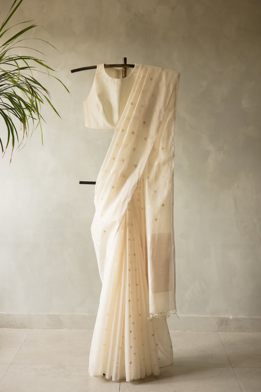 White Fine Chanderi Silk with Gold and Silver Zari Buttis Saree