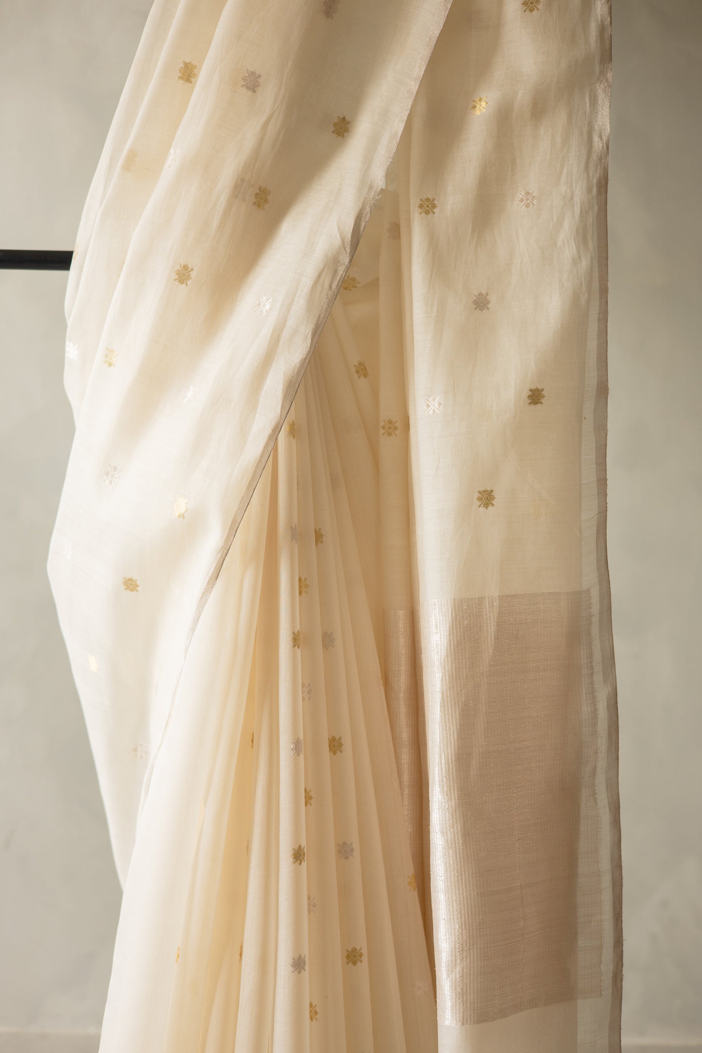 White Fine Chanderi Silk with Gold and Silver Zari Buttis Saree