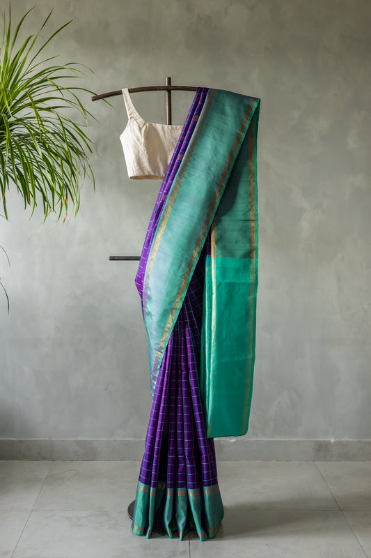 Bright Violet Checked Body Kanjivaram Silk with Teal Border and Pallu Saree
