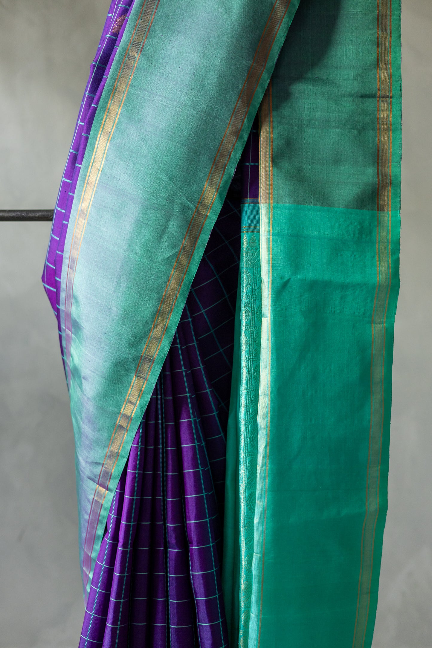 Bright Violet Checked Body Kanjivaram Silk with Teal Border and Pallu Saree