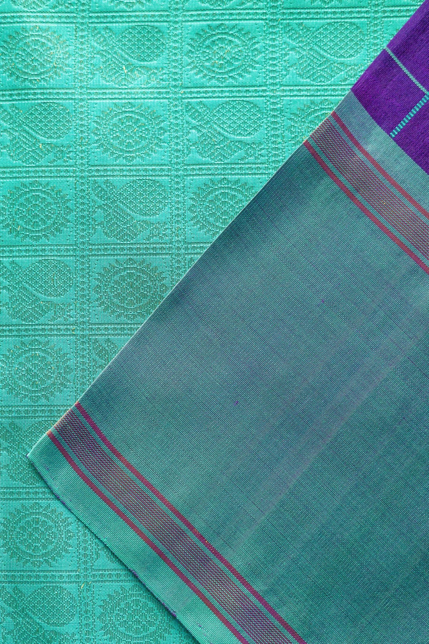 Bright Violet Checked Body Kanjivaram Silk with Teal Border and Pallu Saree