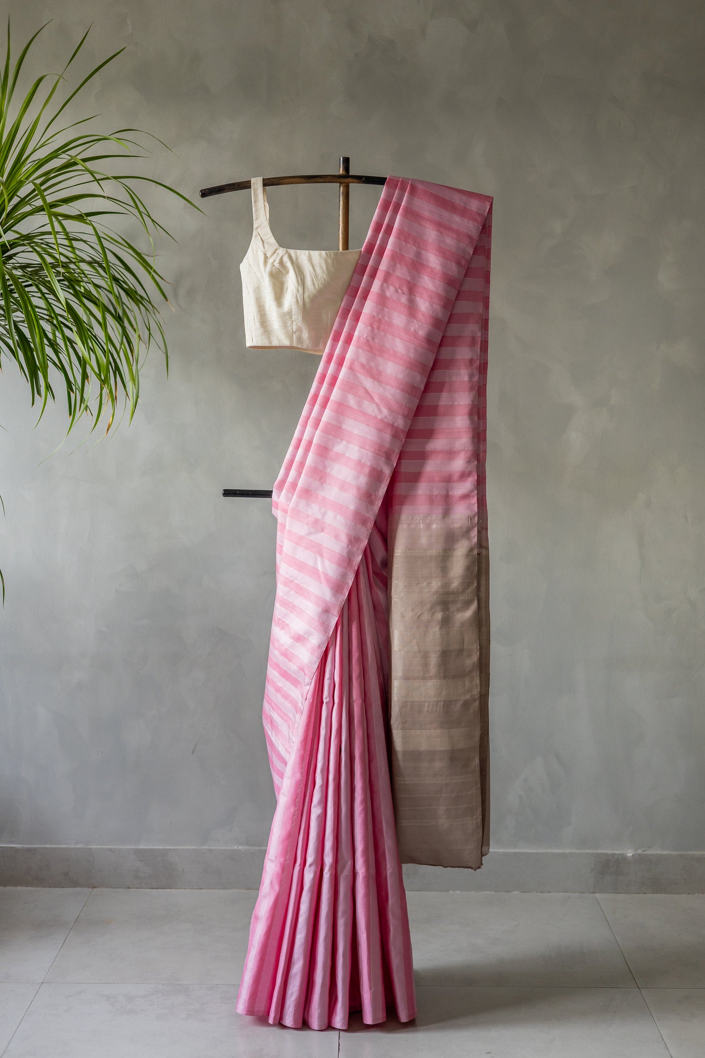 Light and Dark Pink Striped Kanjivaram Silk with Grey Pallu Saree