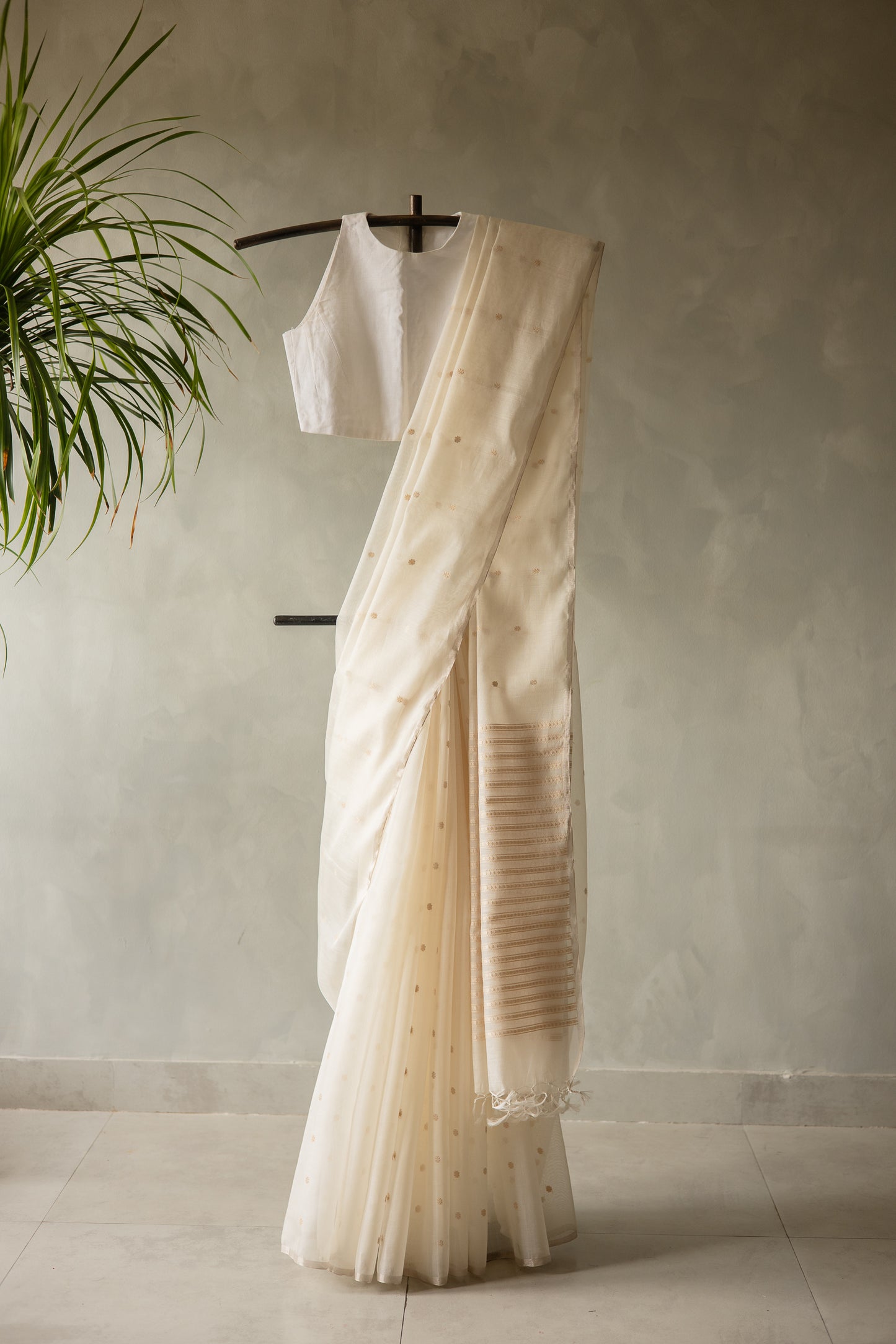 White Fine Chanderi Silk with Gold Zari Buttis and Striped Pallu Saree