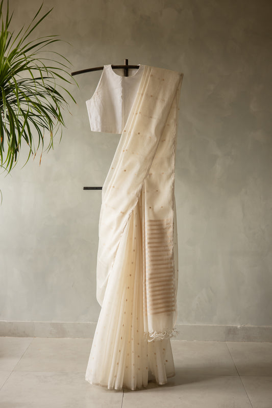 White Fine Chanderi Silk with Gold Zari Buttis and Striped Pallu Saree