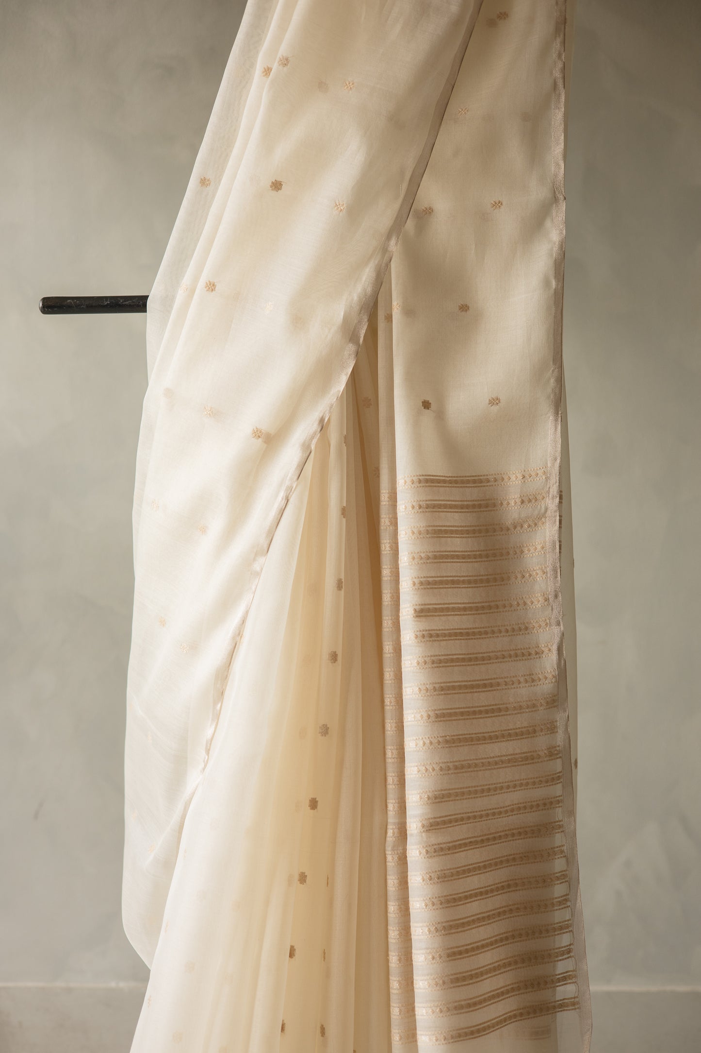 White Fine Chanderi Silk with Gold Zari Buttis and Striped Pallu Saree