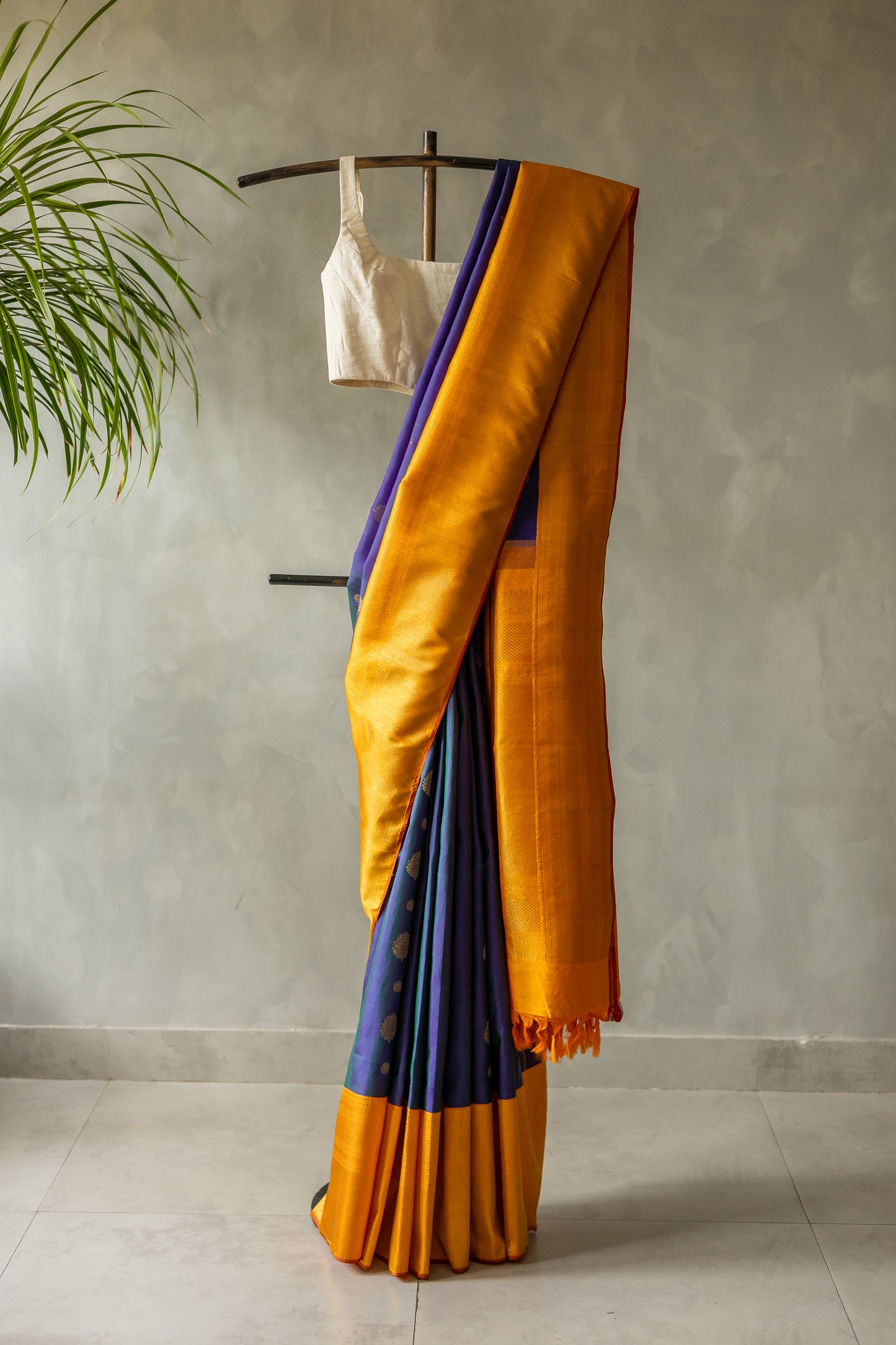 Navy Blue Kanjivaram Silk with Mustard Yellow Border and Pallu Saree