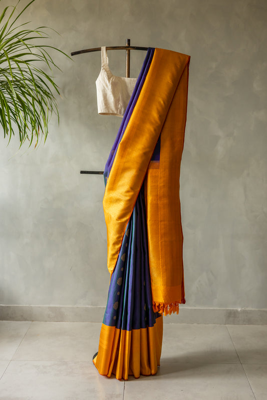 Navy Blue Kanjivaram Silk with Mustard Yellow Border and Pallu Saree