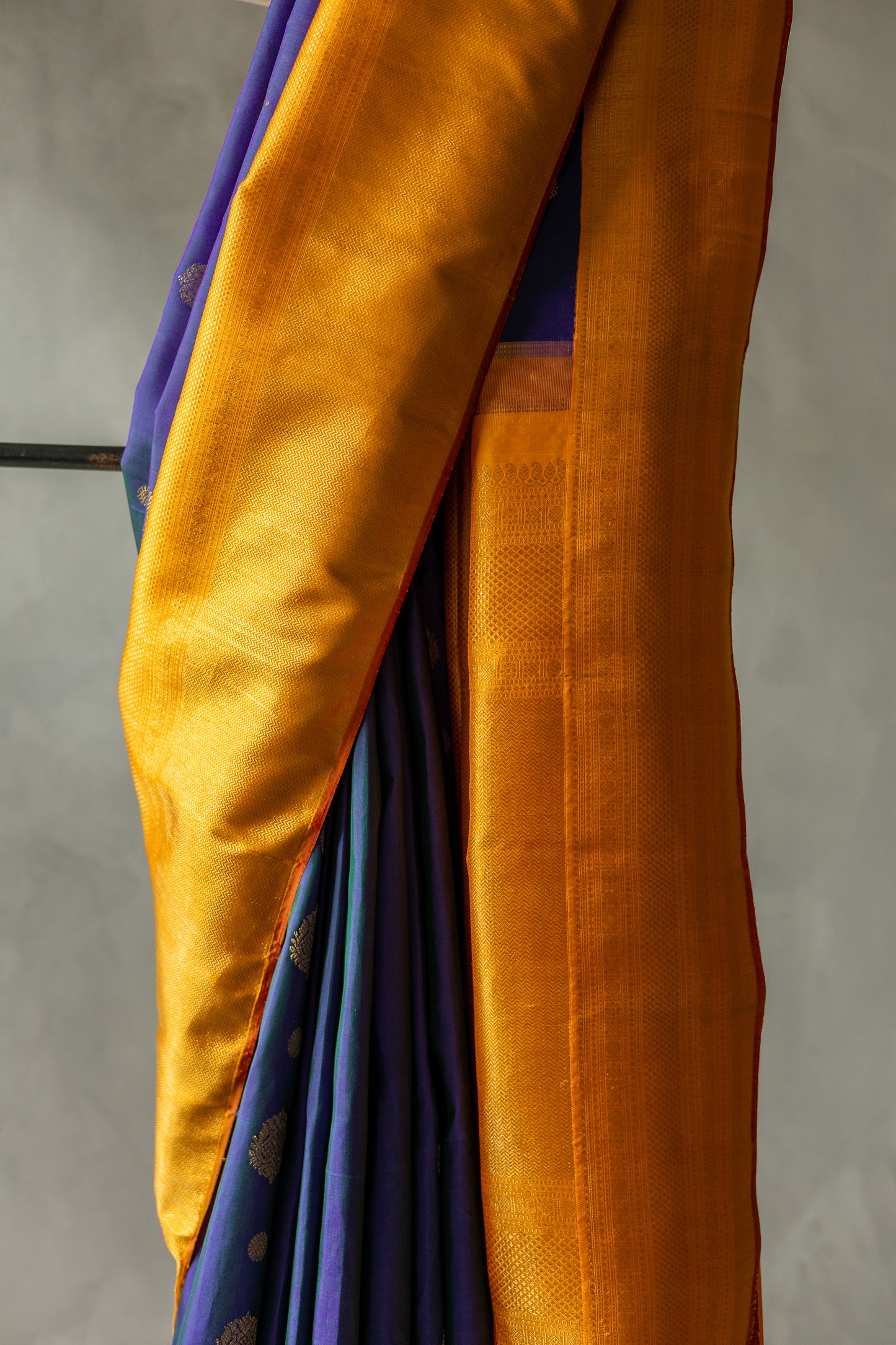 Navy Blue Kanjivaram Silk with Mustard Yellow Border and Pallu Saree
