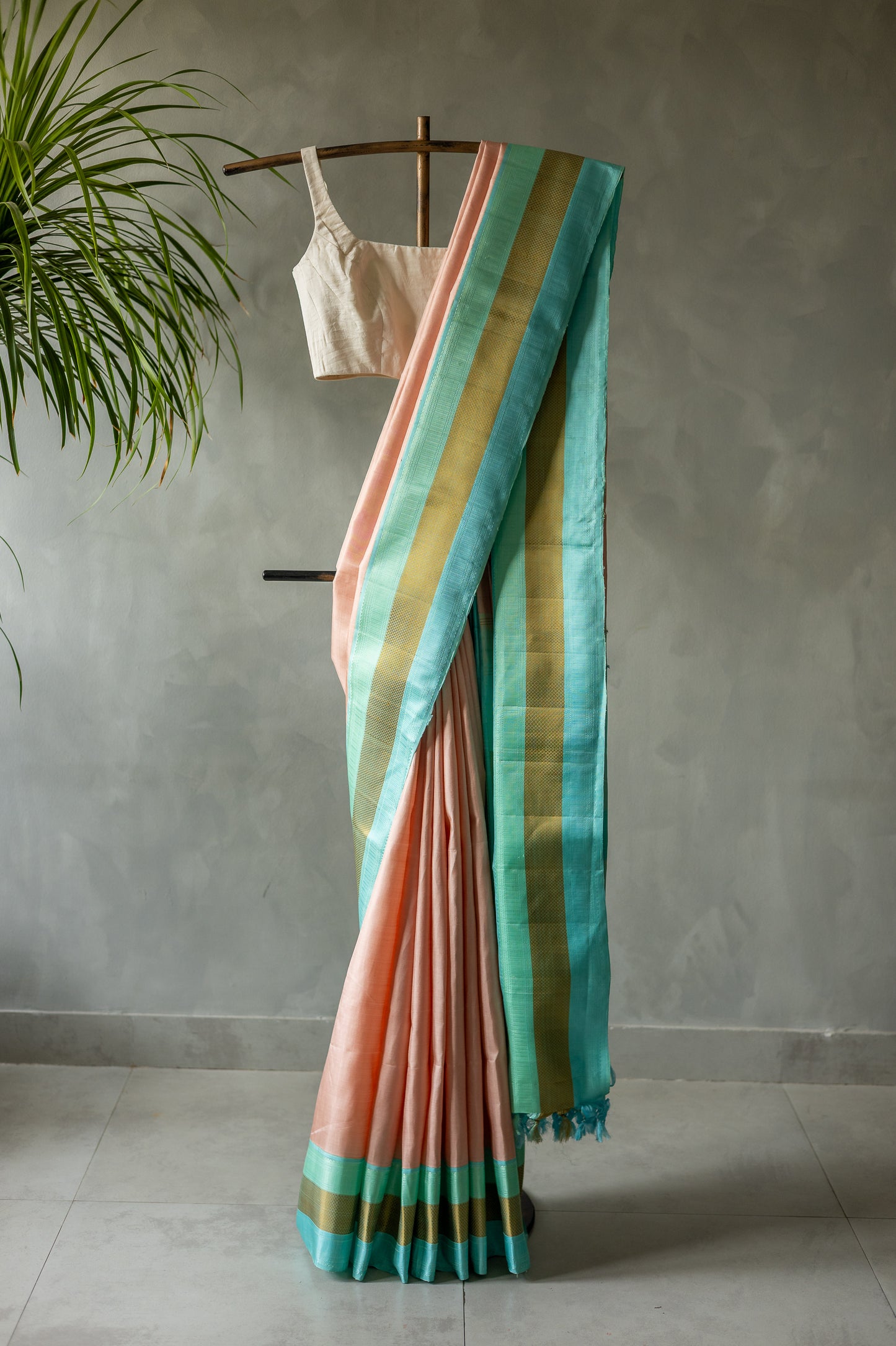 Peach Kanjivaram Silk with Turqoise Border and Pallu Saree