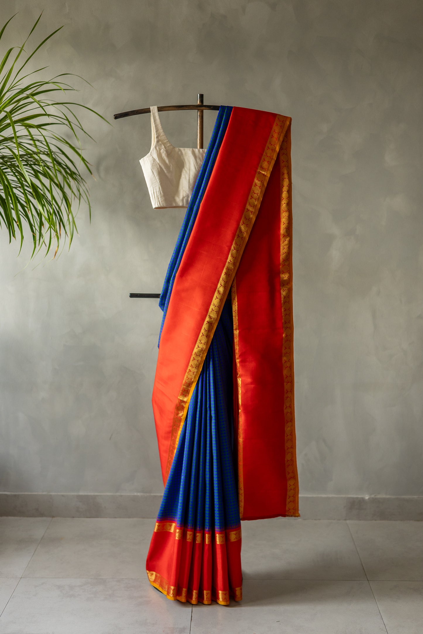 Royal Blue Kanjivaram Silk With Bright Orange Korvai Border and Pallu Saree