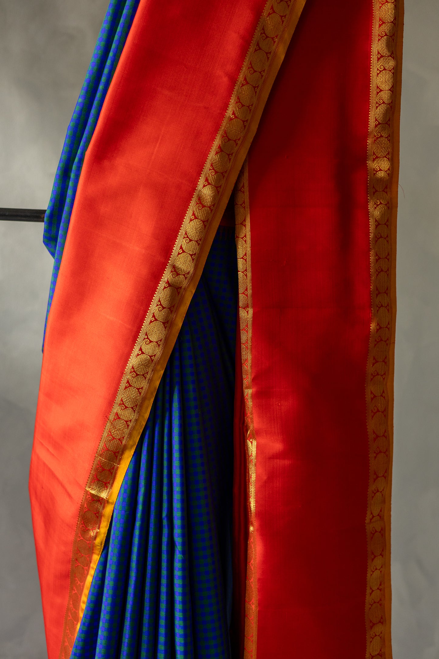Royal Blue Kanjivaram Silk With Bright Orange Korvai Border and Pallu Saree