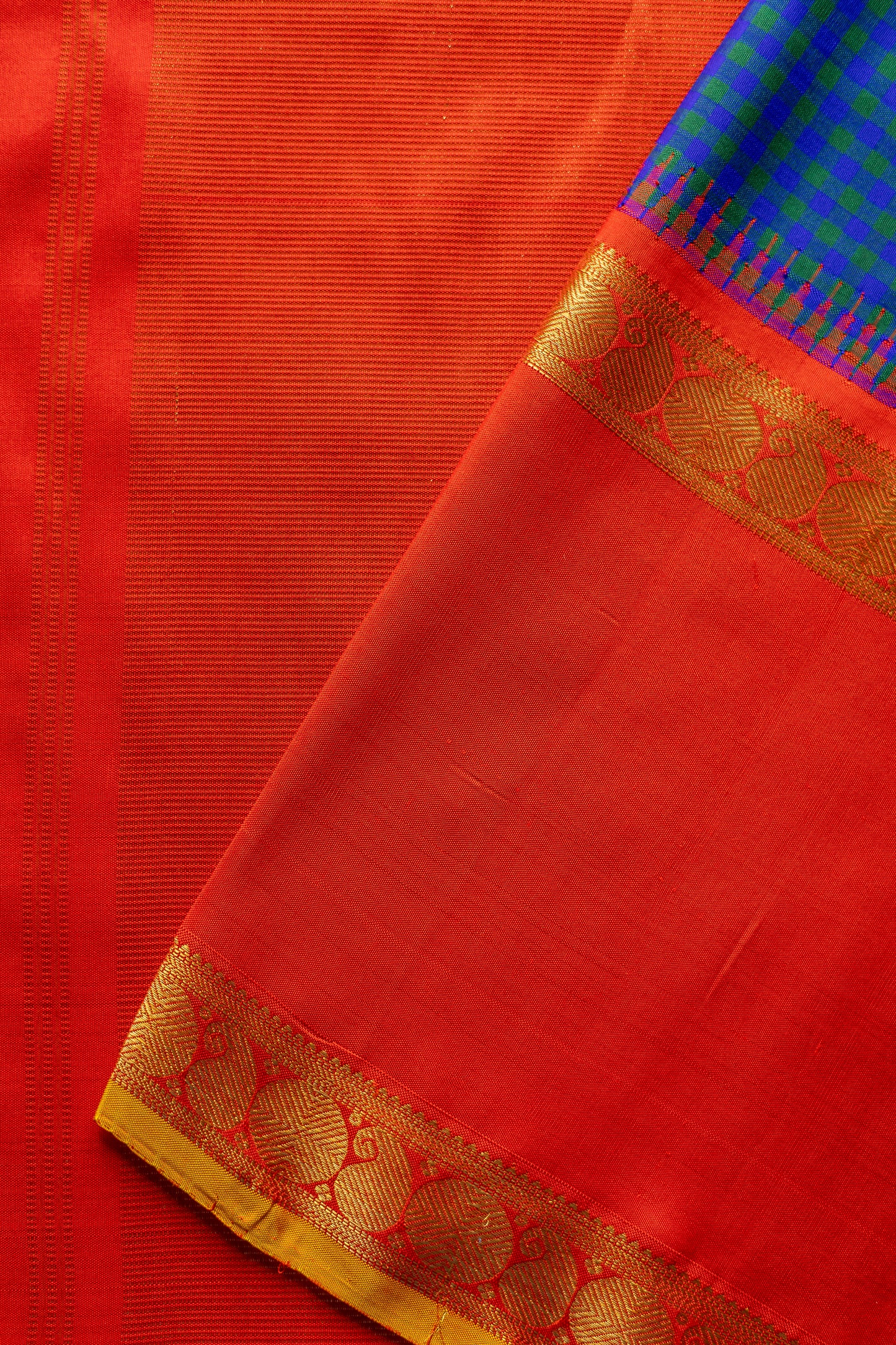 Royal Blue Kanjivaram Silk With Bright Orange Korvai Border and Pallu Saree