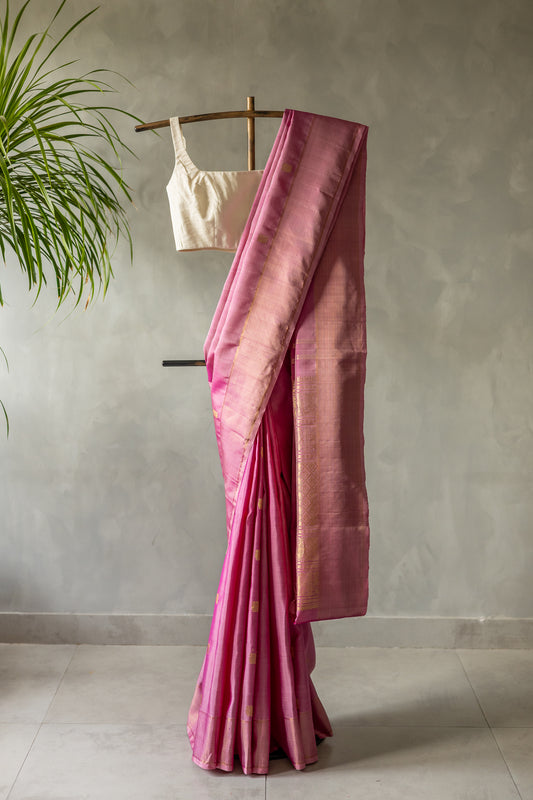 Pink Kanjivaram Silk with Intricately Woven Peacock Motif with Vairaoosi Border Saree