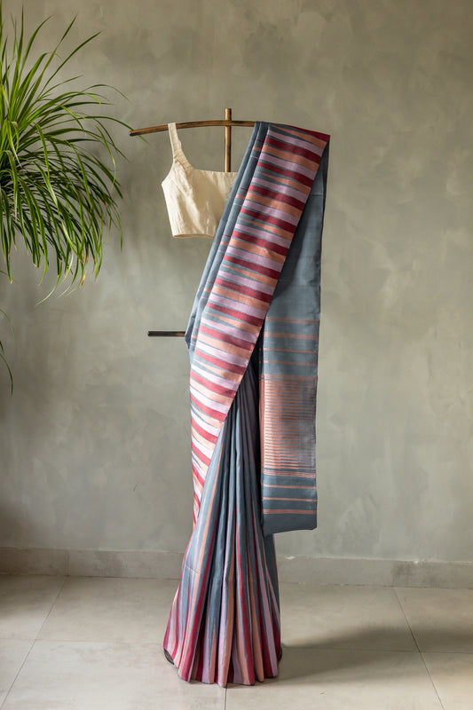 Grey Kanjivaram Silk with Multicolour Geometric Border and Peach Striped Pallu Saree